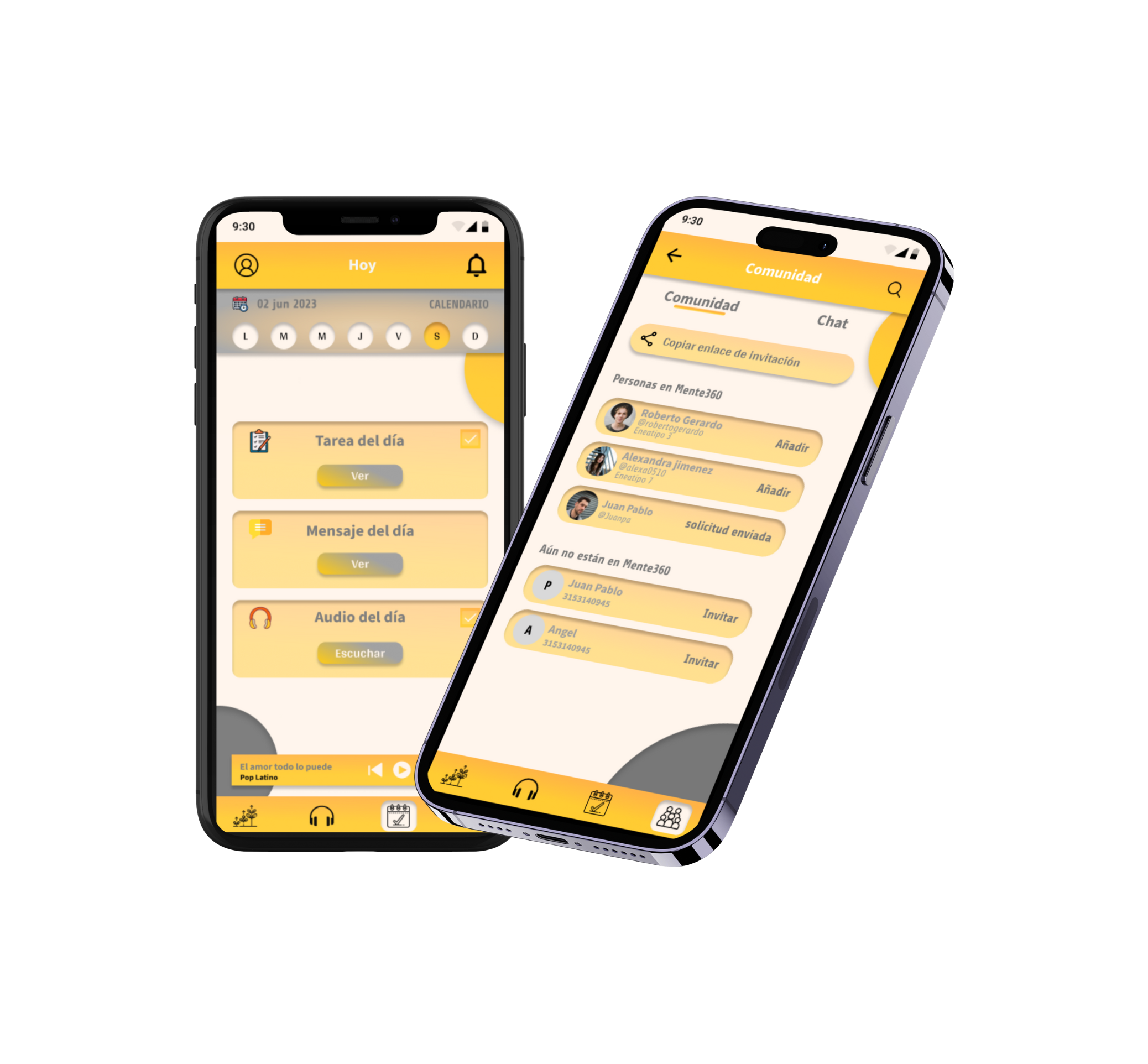 Mockups de la app Mente360 en varios teléfonos